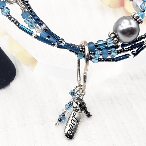 Dark Blue Hematite & Heart Charm Dangle Boho Wrap Bracelet/Necklace Earrings Set - Picture 10 of 17